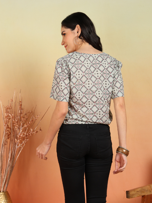 yash gallery womens cotton geometrical print waist lengtth square neck short sleeves regular fitted top grey