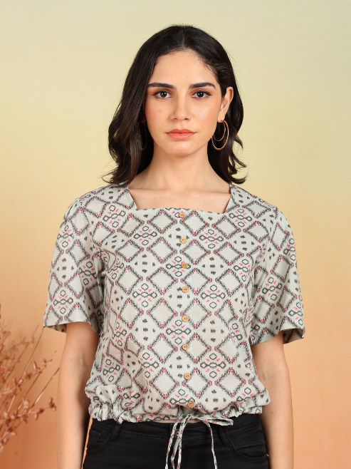 yash gallery womens cotton geometrical print waist lengtth square neck short sleeves regular fitted top grey