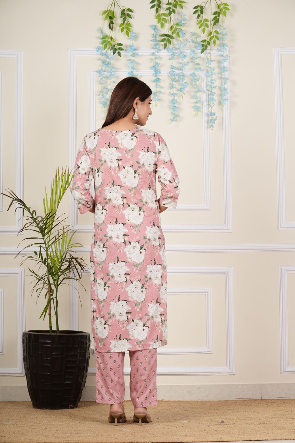 Yash Gallery Women's Cotton Cambric Knee length V-Neck Floral Printed Regular Fitted Mirror Work 3/4th Sleeve Straight Kurta With Printed Pant & Dupatta