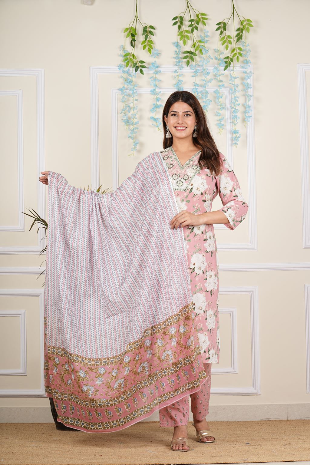 Yash Gallery Women's Cotton Cambric Knee length V-Neck Floral Printed Regular Fitted Mirror Work 3/4th Sleeve Straight Kurta With Printed Pant & Dupatta