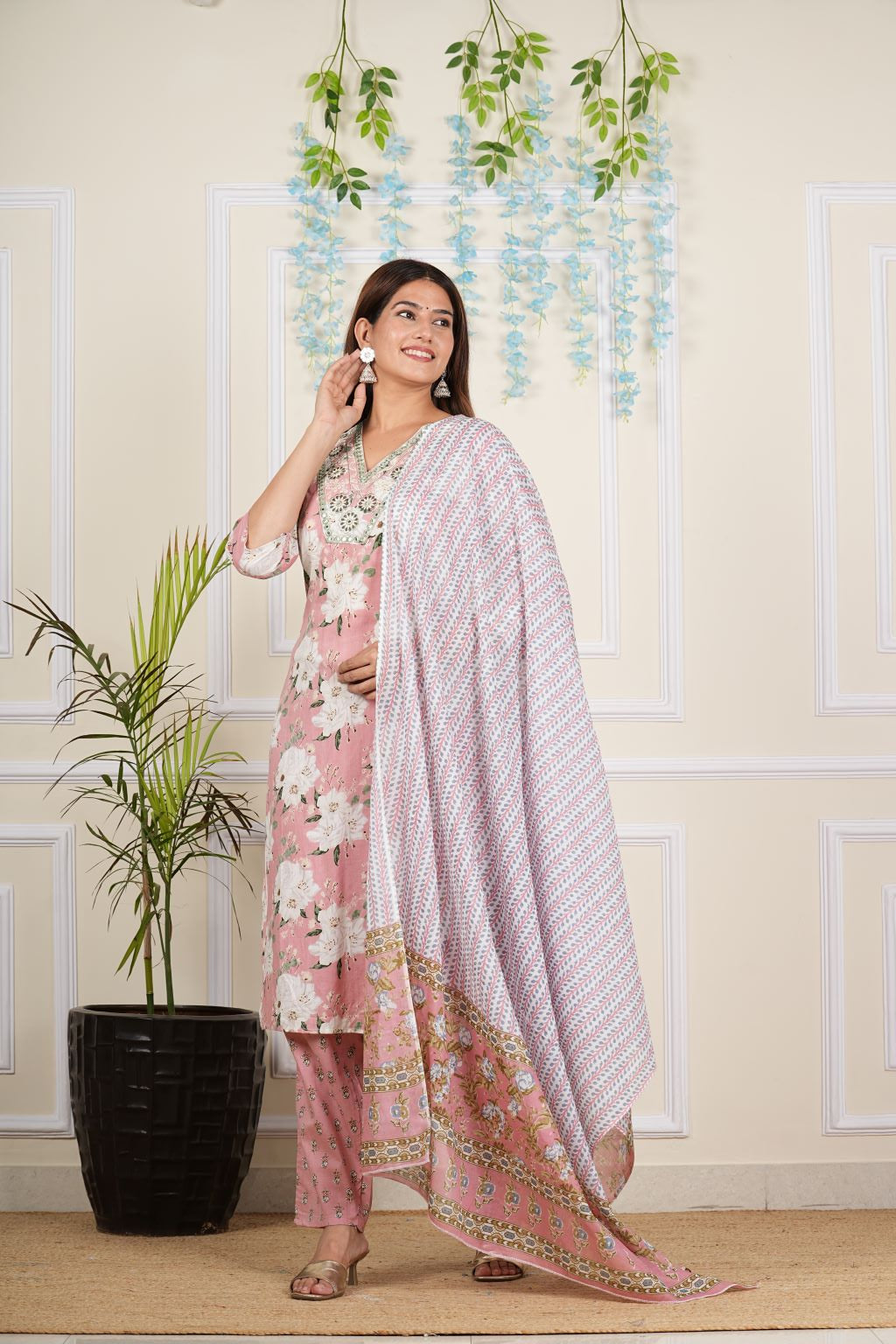 Yash Gallery Women's Cotton Cambric Knee length V-Neck Floral Printed Regular Fitted Mirror Work 3/4th Sleeve Straight Kurta With Printed Pant & Dupatta