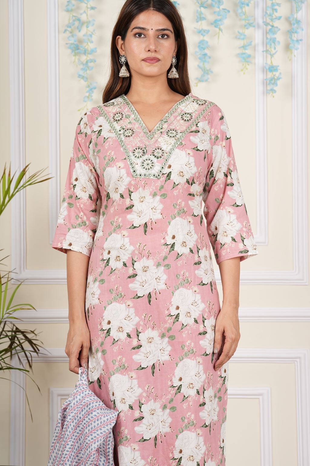 Yash Gallery Women's Cotton Cambric Knee length V-Neck Floral Printed Regular Fitted Mirror Work 3/4th Sleeve Straight Kurta With Printed Pant & Dupatta