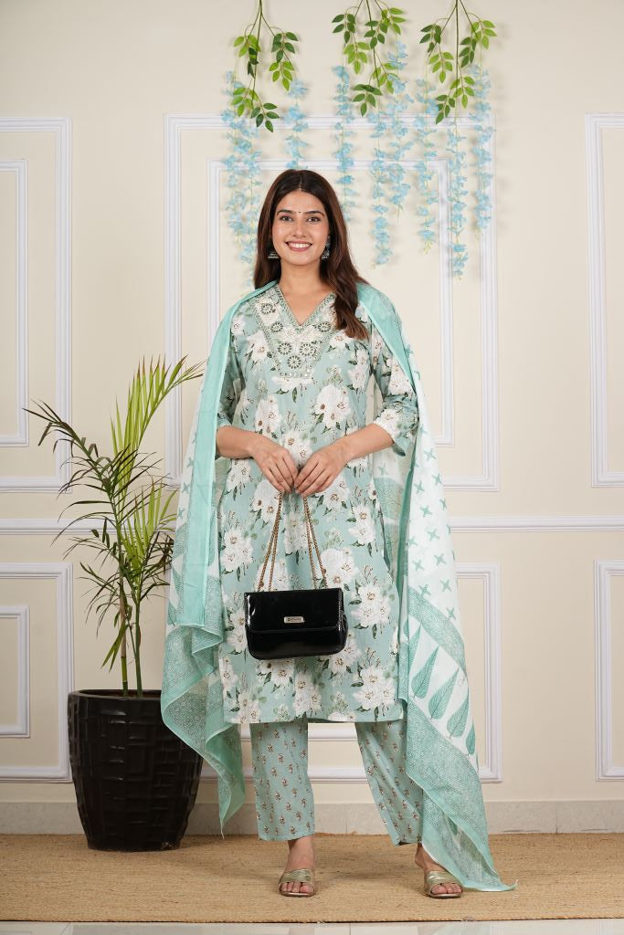 Yash Gallery Women's Cotton Cambric Knee length V-Neck Floral Printed Regular Fitted Mirror Work 3/4th Sleeve Straight Kurta With Printed Pant & Dupatta