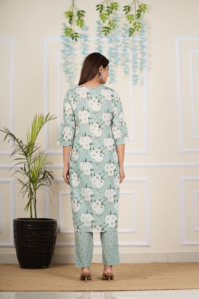 Yash Gallery Women's Cotton Cambric Knee length V-Neck Floral Printed Regular Fitted Mirror Work 3/4th Sleeve Straight Kurta With Printed Pant & Dupatta