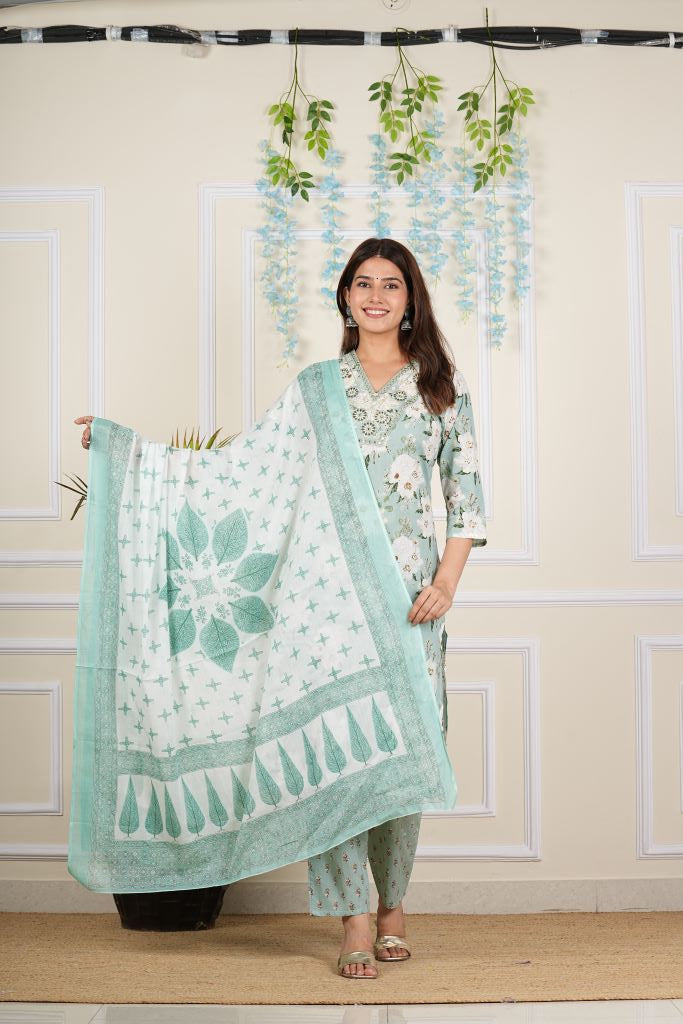 Yash Gallery Women's Cotton Cambric Knee length V-Neck Floral Printed Regular Fitted Mirror Work 3/4th Sleeve Straight Kurta With Printed Pant & Dupatta