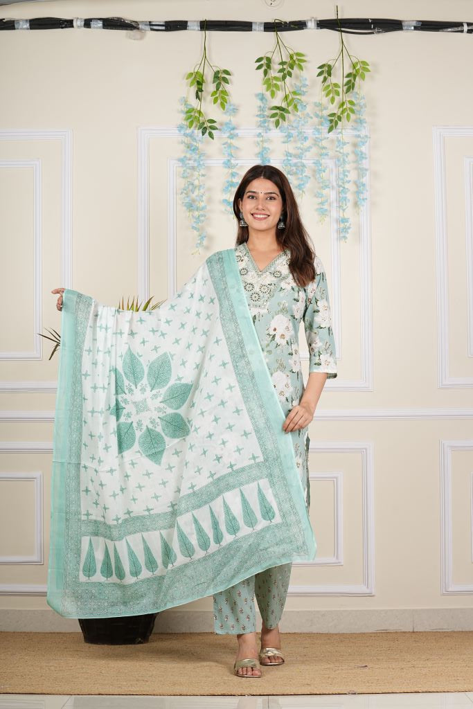 Yash Gallery Women's Cotton Cambric Knee length V-Neck Floral Printed Regular Fitted Mirror Work 3/4th Sleeve Straight Kurta With Printed Pant & Dupatta