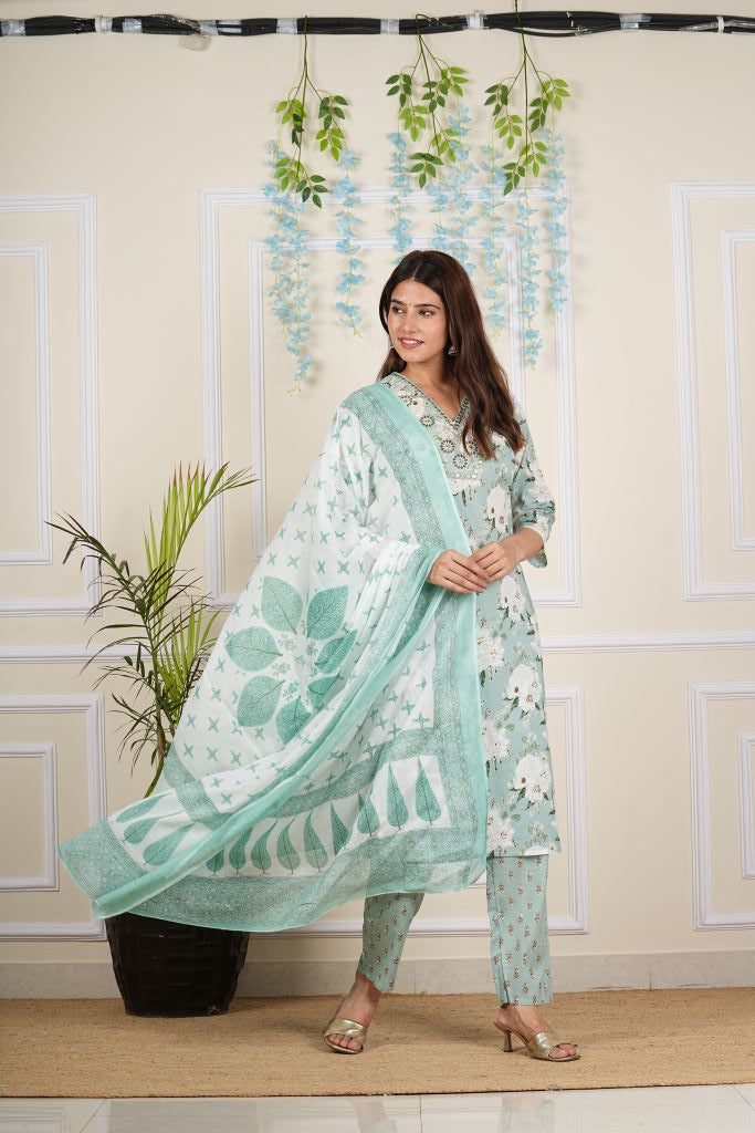 Yash Gallery Women's Cotton Cambric Knee length V-Neck Floral Printed Regular Fitted Mirror Work 3/4th Sleeve Straight Kurta With Printed Pant & Dupatta