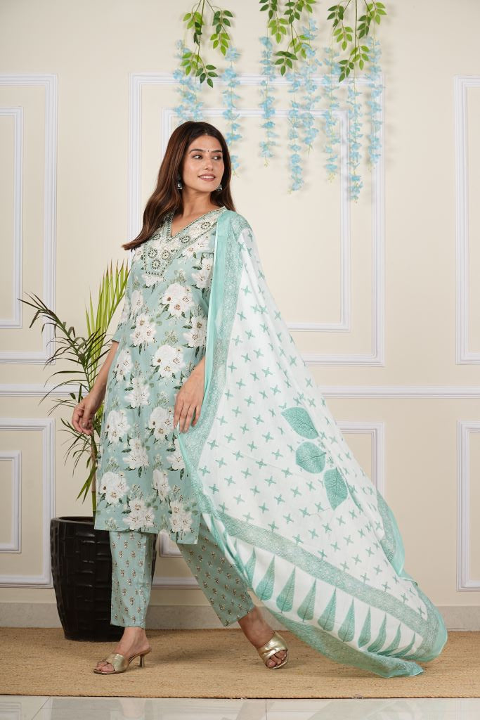 Yash Gallery Women's Cotton Cambric Knee length V-Neck Floral Printed Regular Fitted Mirror Work 3/4th Sleeve Straight Kurta With Printed Pant & Dupatta