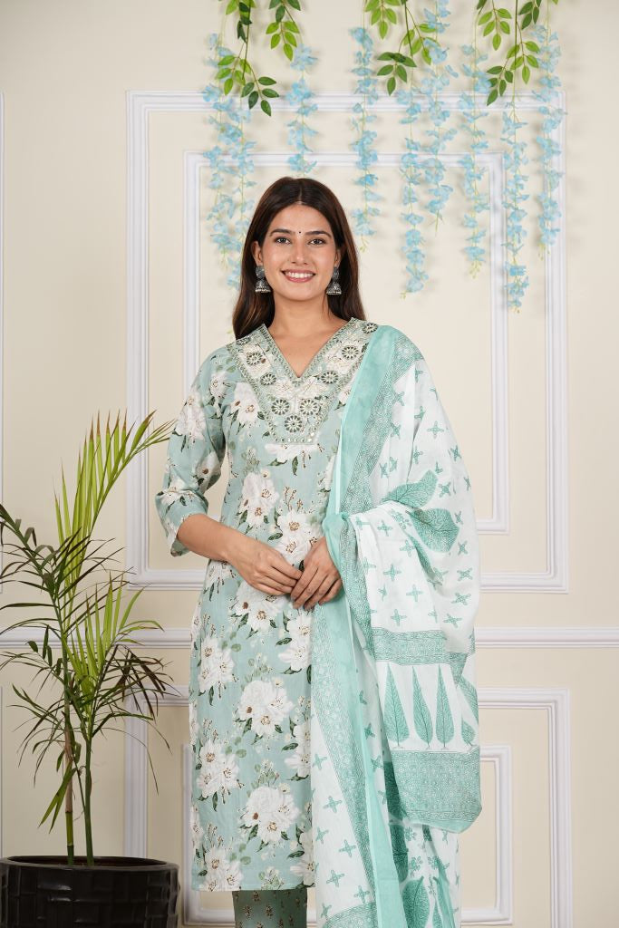 Yash Gallery Women's Cotton Cambric Knee length V-Neck Floral Printed Regular Fitted Mirror Work 3/4th Sleeve Straight Kurta With Printed Pant & Dupatta
