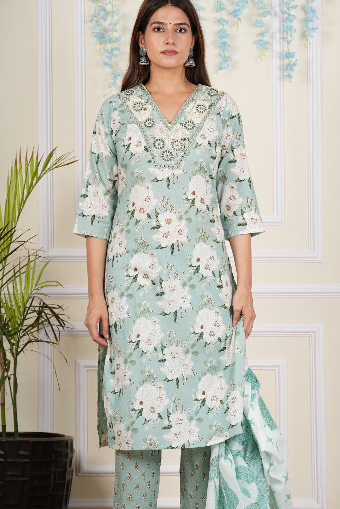 Yash Gallery Women's Cotton Cambric Knee length V-Neck Floral Printed Regular Fitted Mirror Work 3/4th Sleeve Straight Kurta With Printed Pant & Dupatta