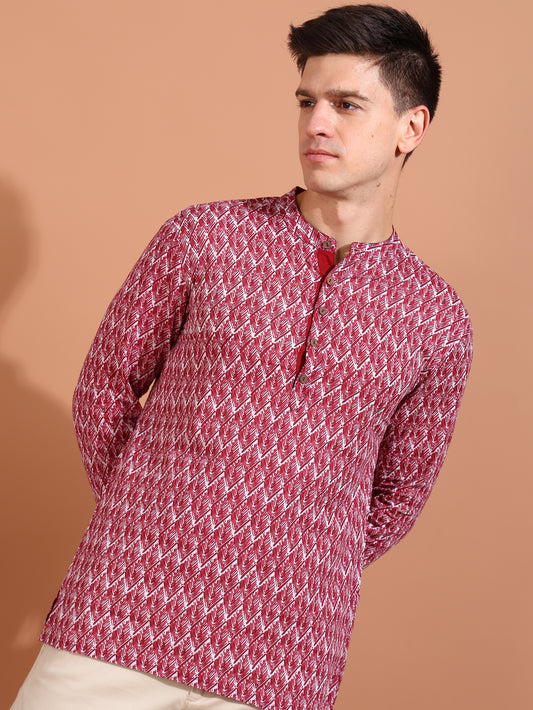 yash gallery mens cotton geometrical printed nehru collar full sleeves short kurta