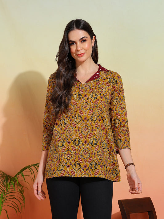 yash gallery womens cotton ajrakh print waist length collared neck 3 4th sleeve top