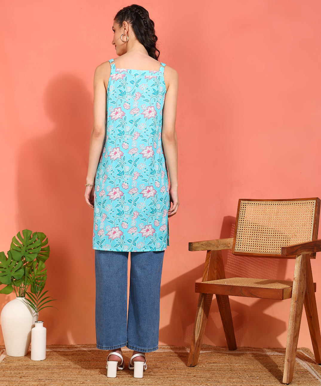 Yash Gallery Women's Cotton Floral Print Knee Length Square Neck Strap Short Kurti