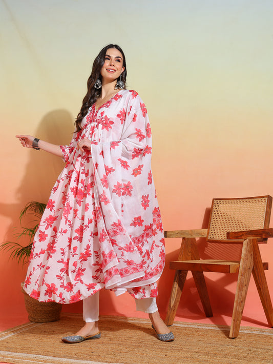 yash gallery womens cotton floral printed 3 4th sleeve v neck embroidered work anarkali kurta with dupatta
