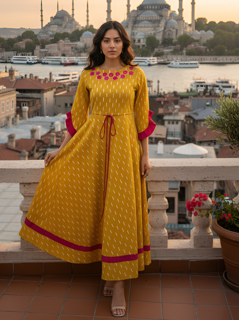 Yash Gallery Women’s Cotton Anarkali Dress Mustard Ikat Print Embroidered Neckline, 3/4 Ruffle Sleeves (YELLOW)