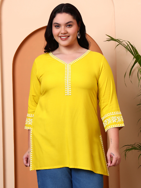 Yash Gallery Women’s Rayon Kurti with Printed Chikankari (Yellow)