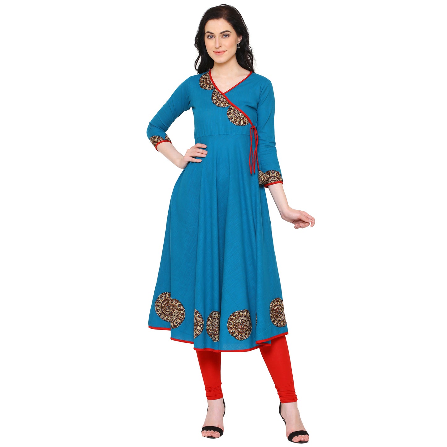 women embellished anarkali kurta teal