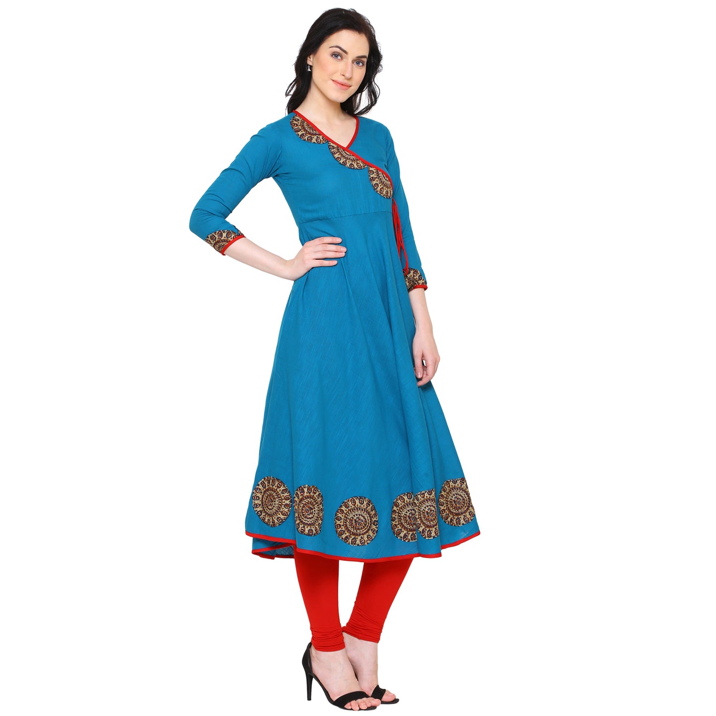 women embellished anarkali kurta teal