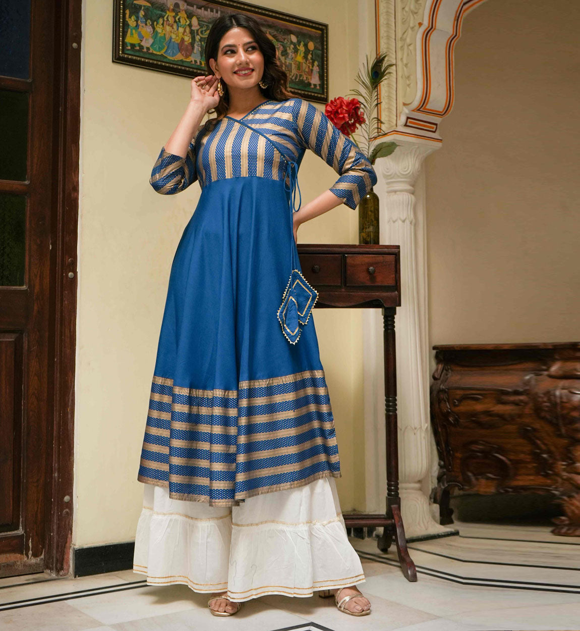 YASH GALLERY Women's Rayon Stripe Printed Anarkali Kurti