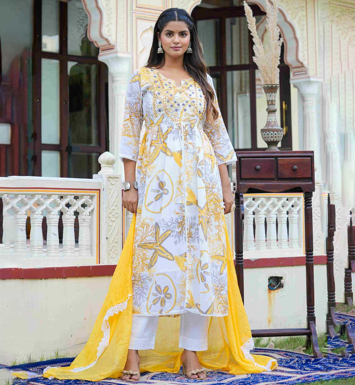 Buy Yellow Shibori Printed Cotton Long Anarkali Gown From Ethnic Plus