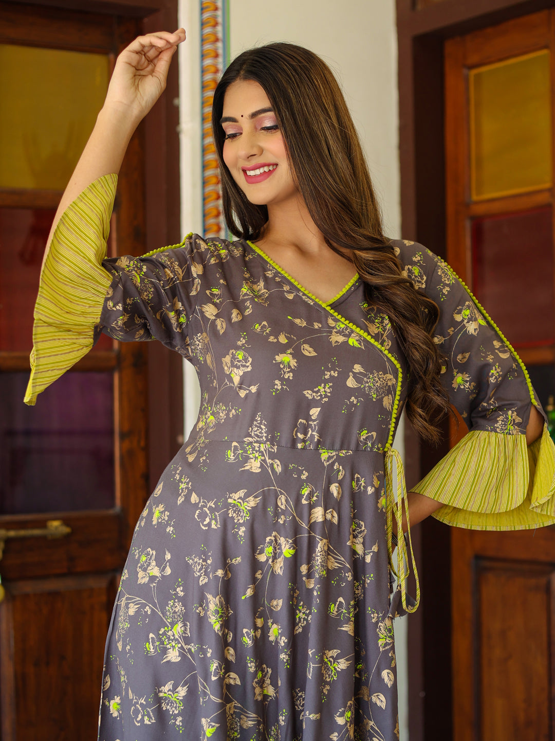Yash Gallery Women's Floral Printed Anarkali Kurti (Grey)