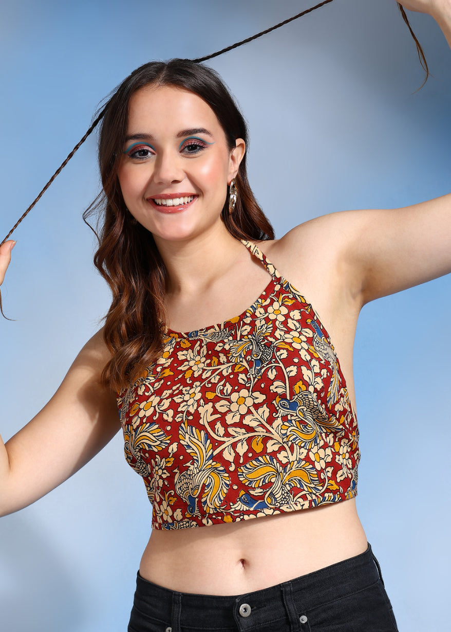yash gallery womens cotton blue geometrical hand block printed free size backless blouse blue