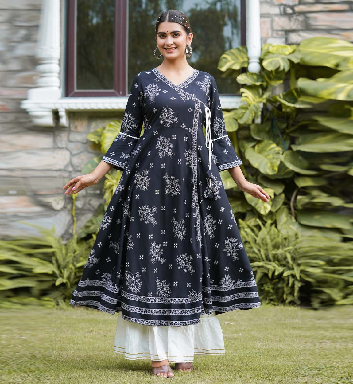 womens rayon floral print angrakha kurta blue
