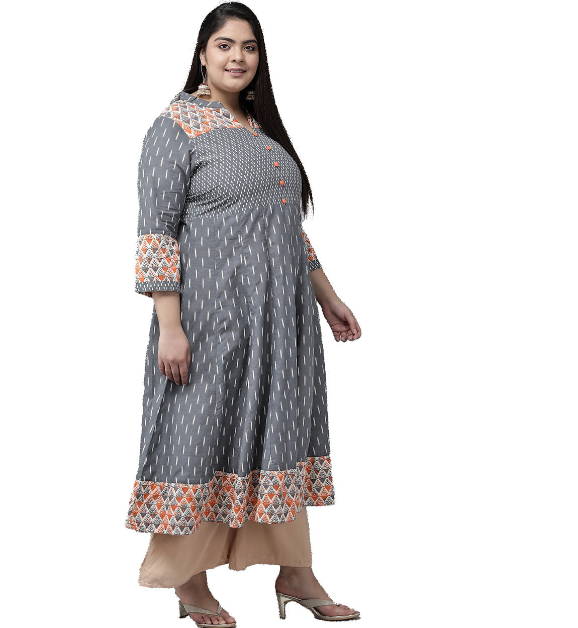 yash gallery womens plus size ikat printed anarkali kurti grey