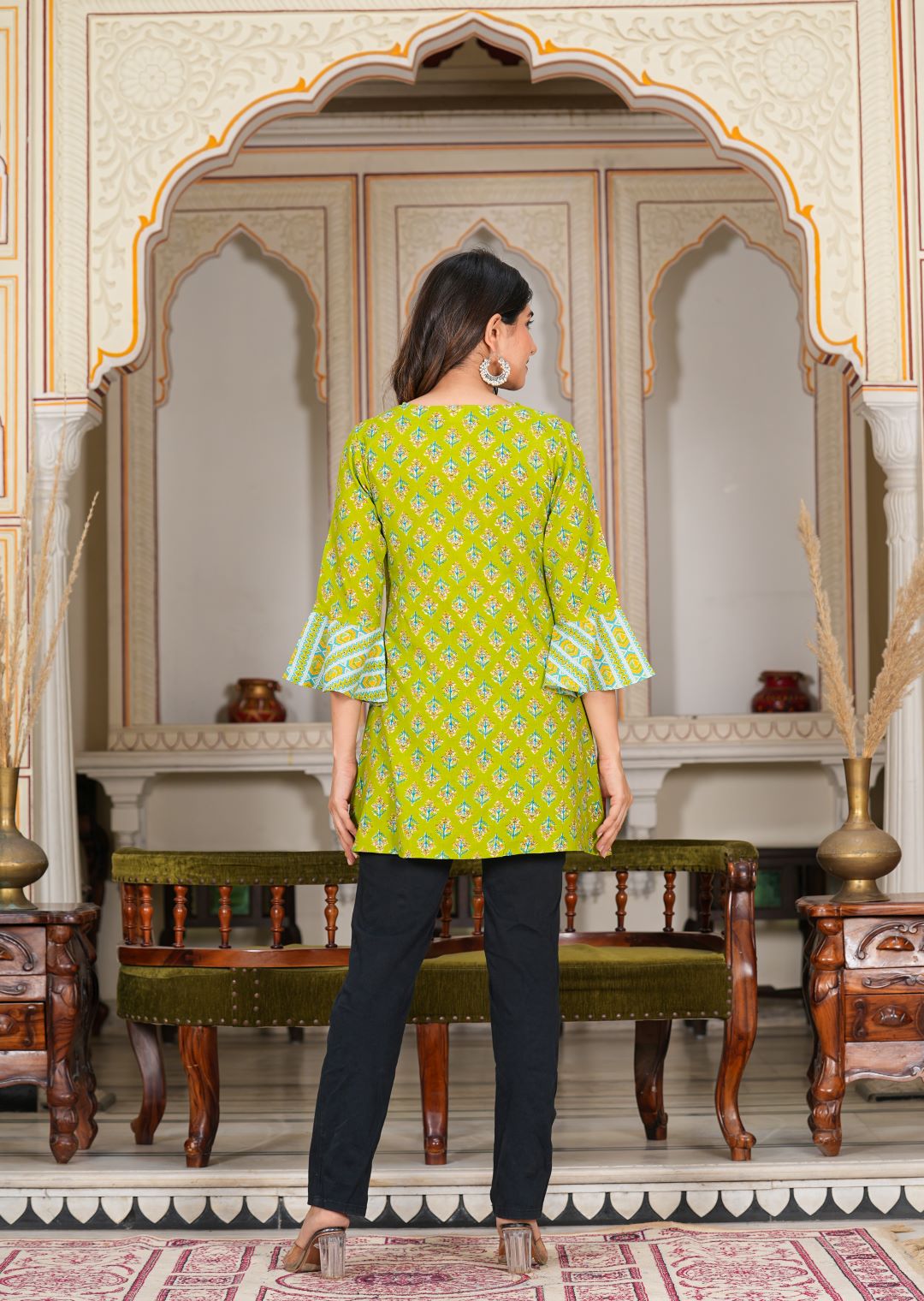 yash gallery womens green floral printed short kurti green