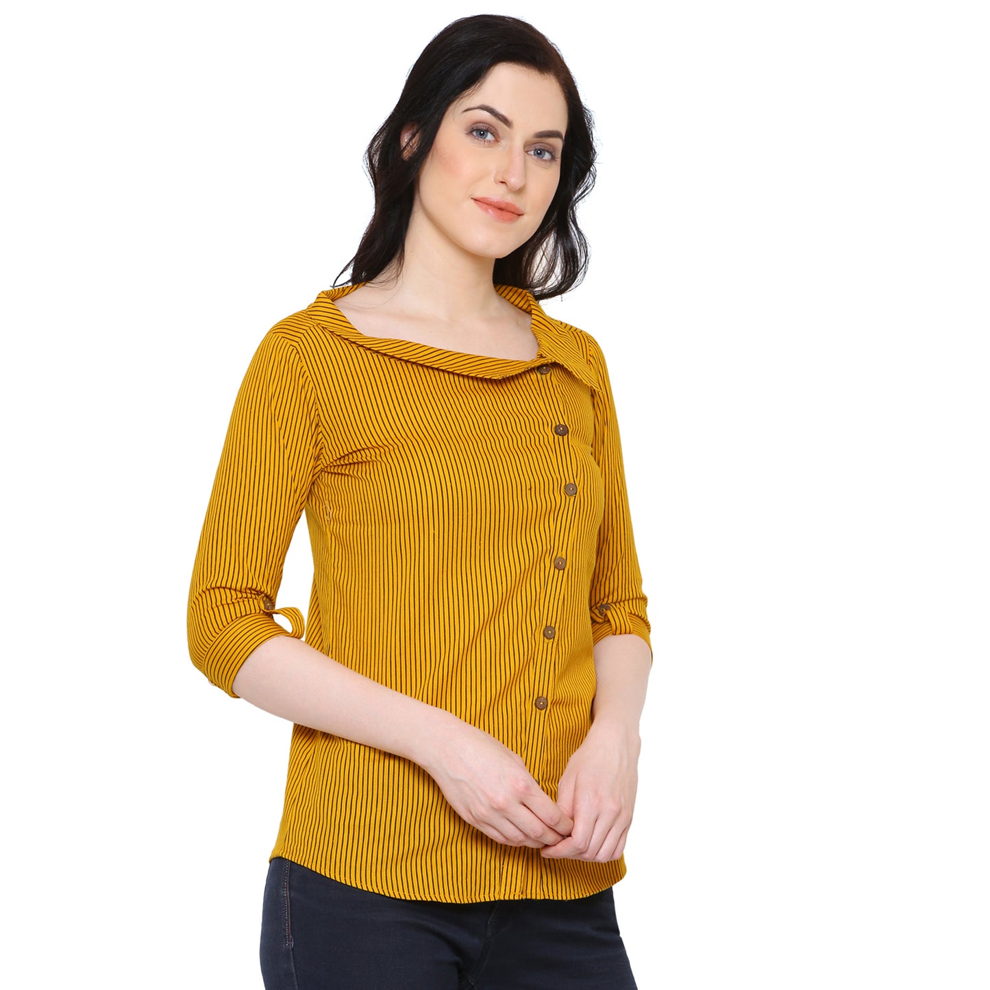 Casual Regular Sleeve Striped Top (Yellow)