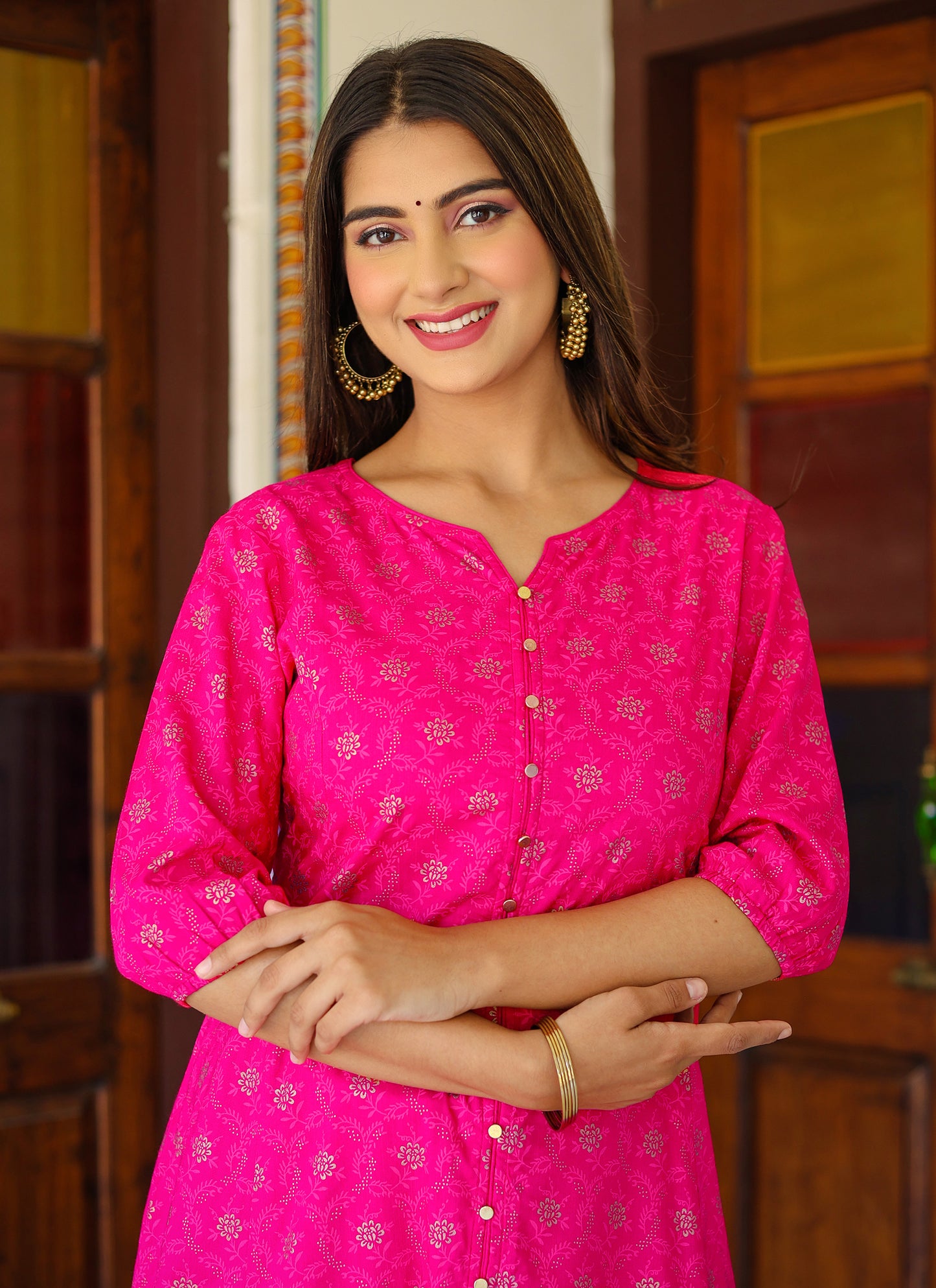 Yash Gallery Gold printed Pink Anarakali Kurta
