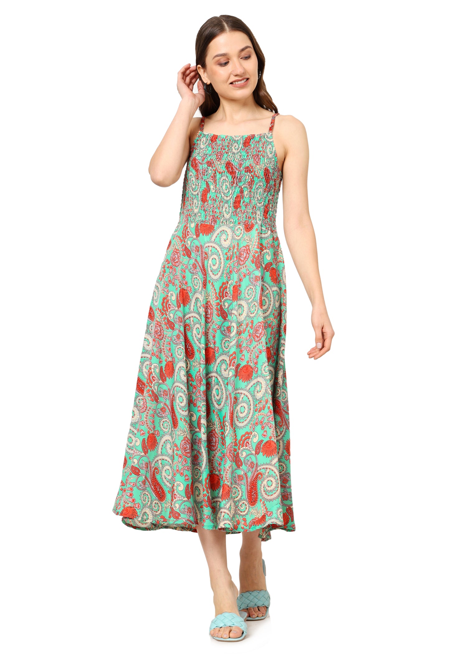 Yash Gallery Women's Green Floral Smoking Embroidered Flared Dress (Green)