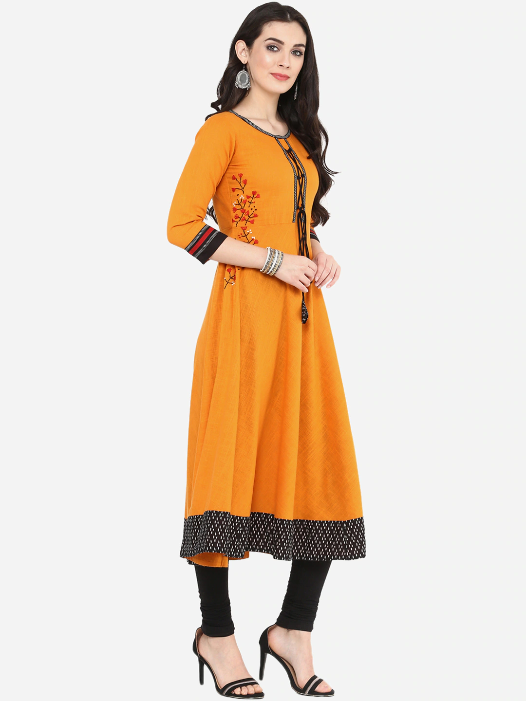 women cotton slub embroidered anarkali kurta green