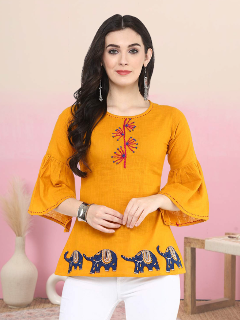 yash gallery womens cotton slub patch work top green