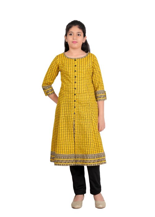 Yash Gallery Kids Cotton Slub Checks Print Anarkali Dress