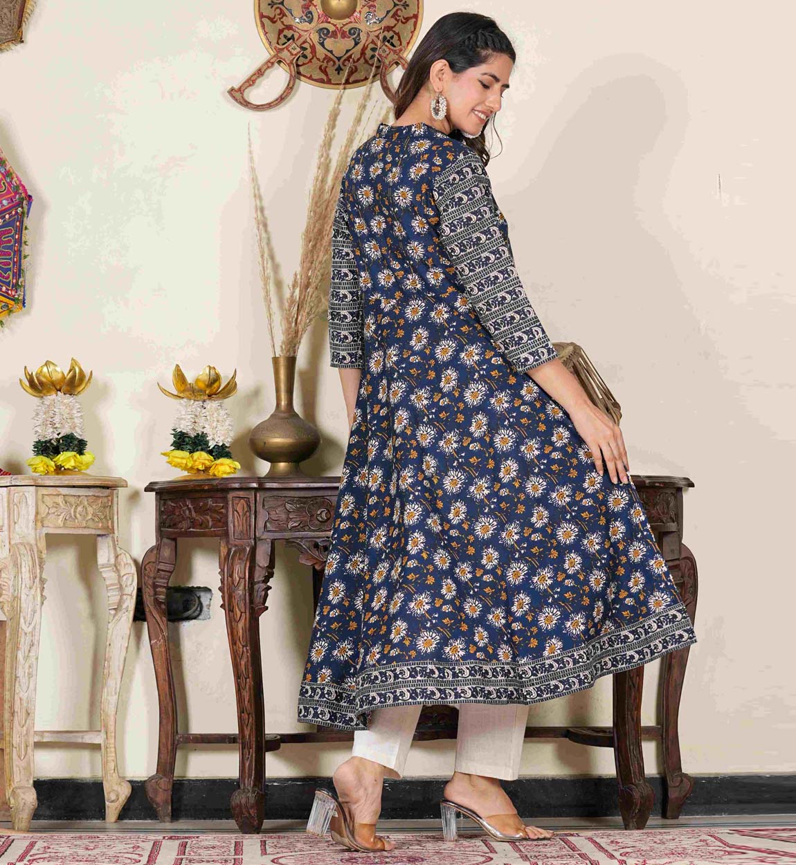yash gallery womens blue floral printed anarkali kurti blue