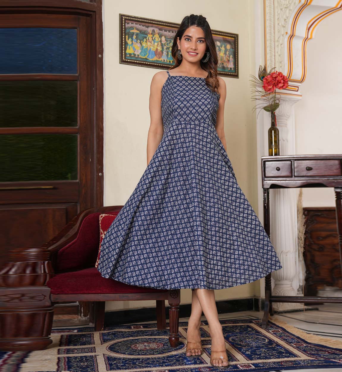 YASH GALLERY Women's Floral Printed Smoking Embroidery Dress XL / Blue / Cotton YASH GALLERY Women's Floral Printed Smoking Embroidery Dress XL / Blue / Cotton