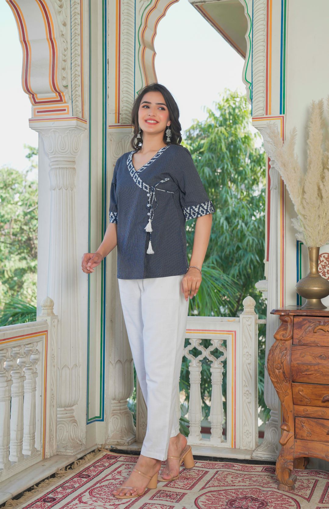 YASH GALLERY Women's Blue Kantha Stripe Top (Blue)