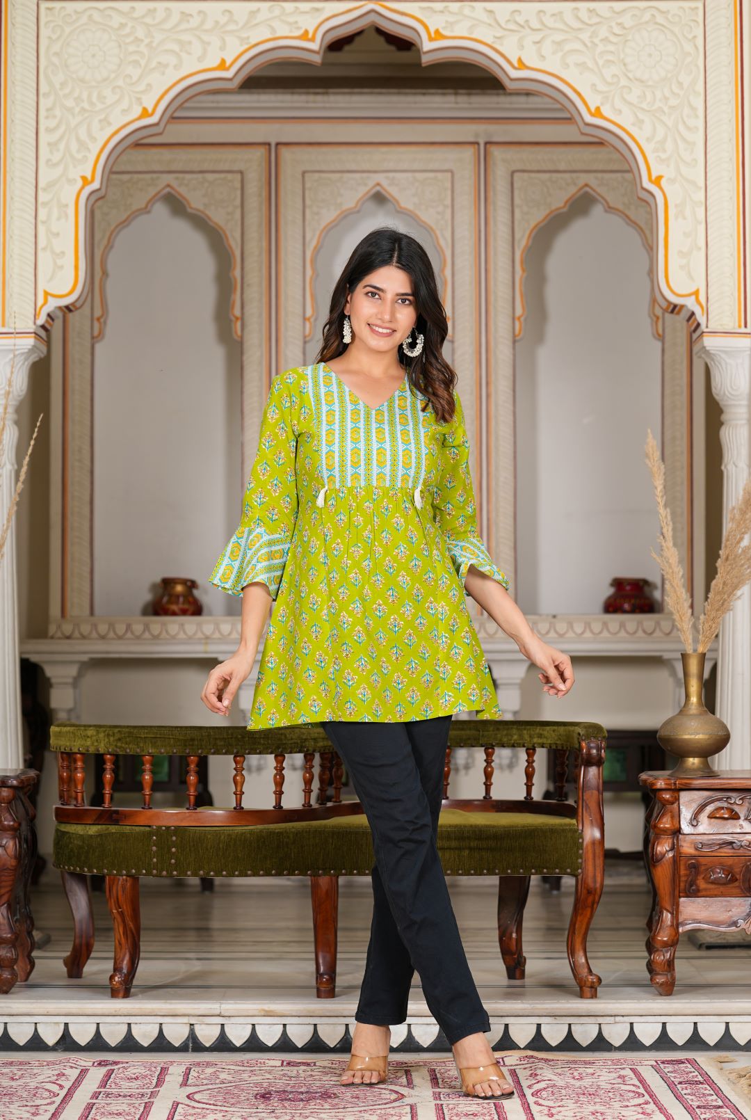 yash gallery womens green floral printed short kurti green