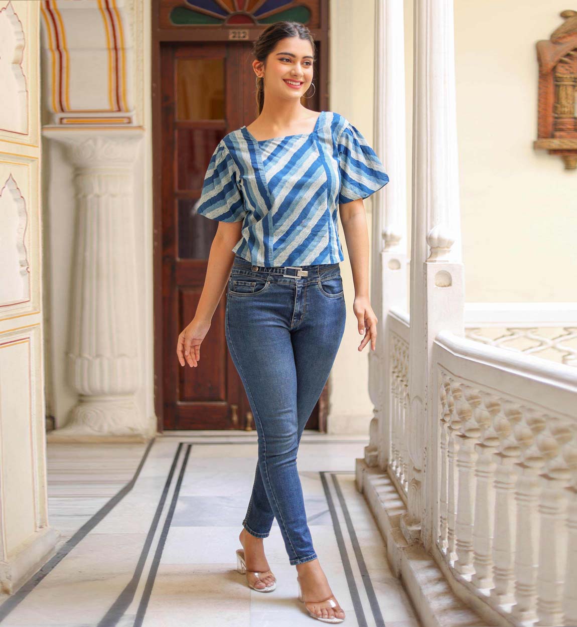 yash gallery womens stripe printed regular top blue