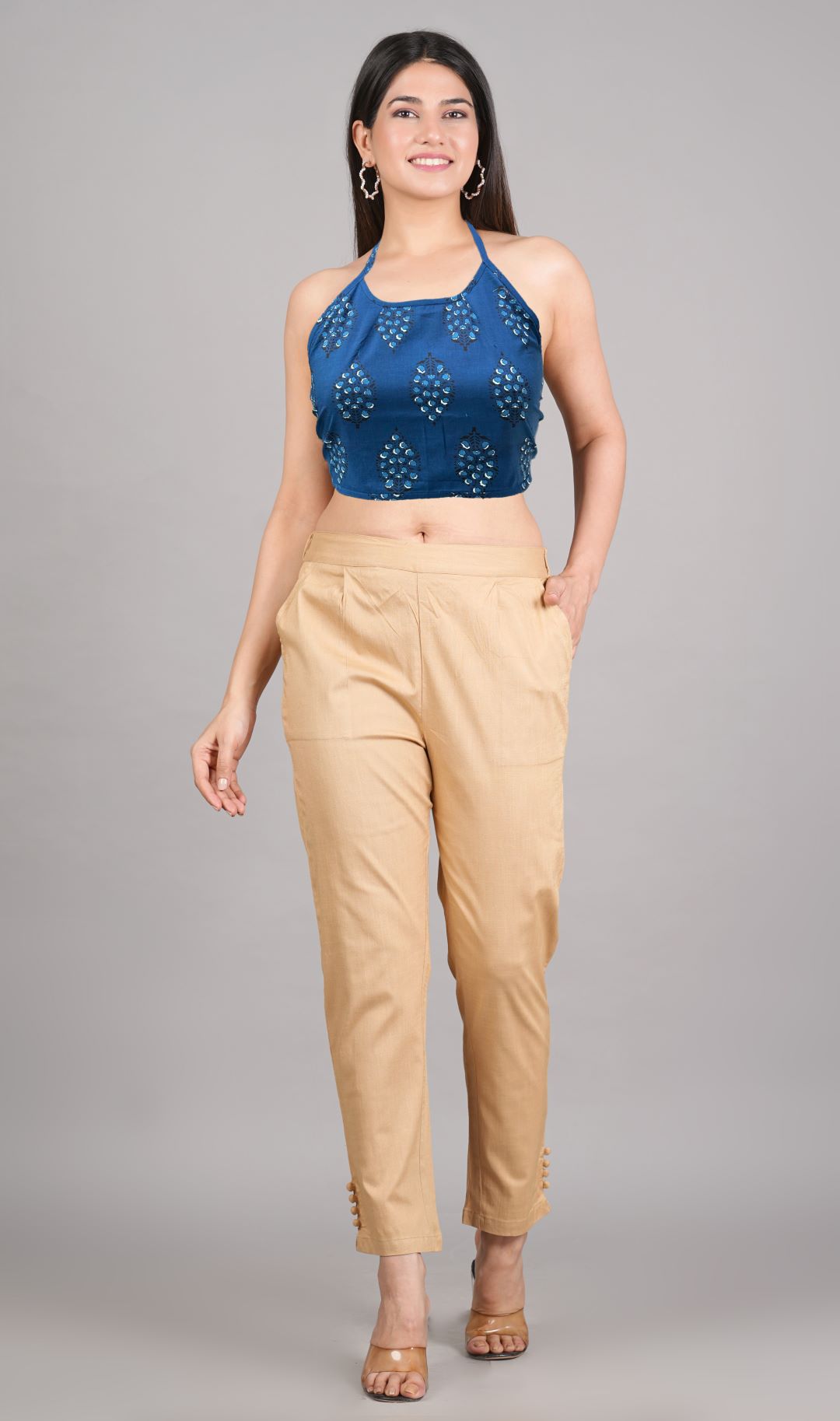 yash gallery womens cotton blue geometrical hand block printed free size backless blouse blue