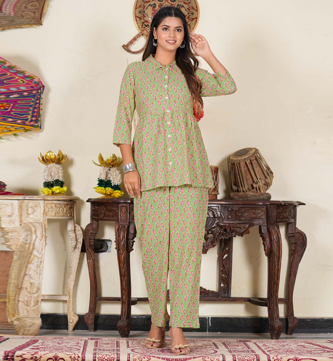 yash gallery womens floral printed night suitgreen