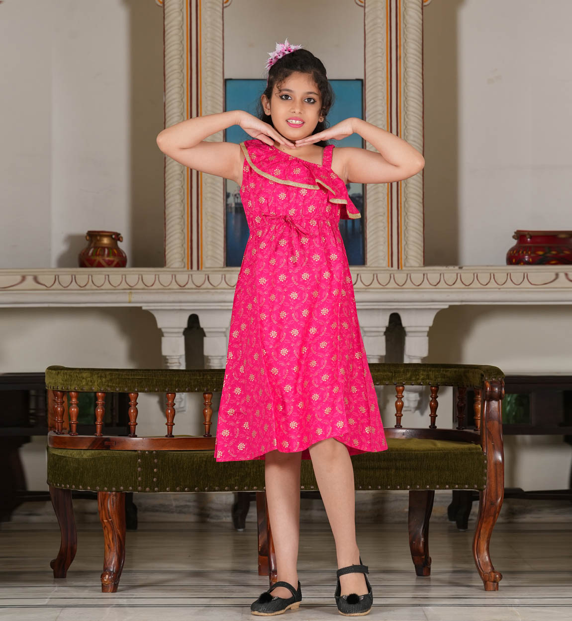 yash gallery kids one shoulder starp floral printed dress pink