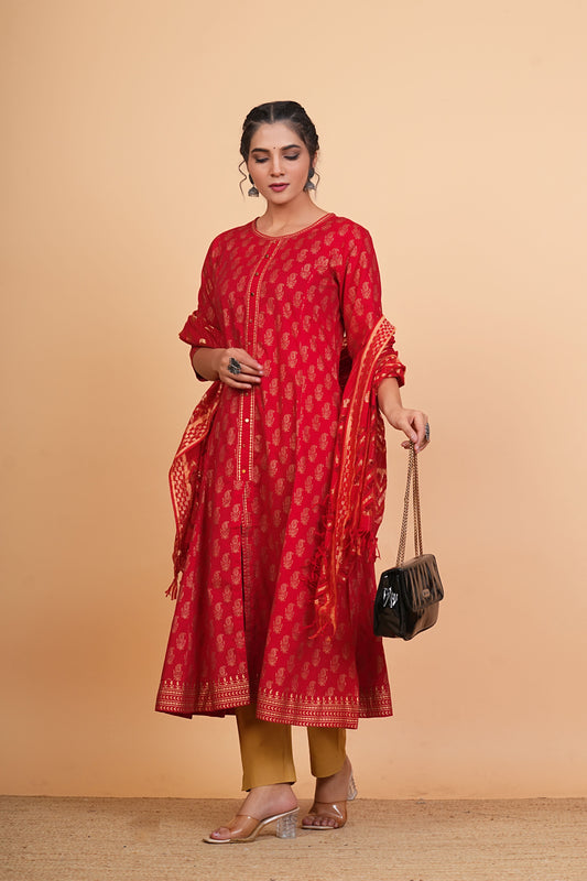 yash gallery womens cotton calf length 3 4th sleeve round neck floral printed anarkali kurta with dupatta