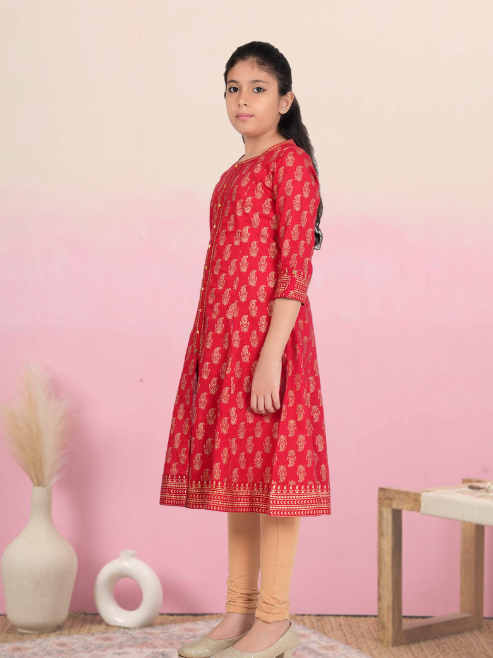yash gallery kids cotton gold print anarkali dress red