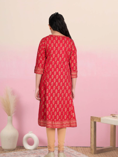 yash gallery kids cotton gold print anarkali dress red