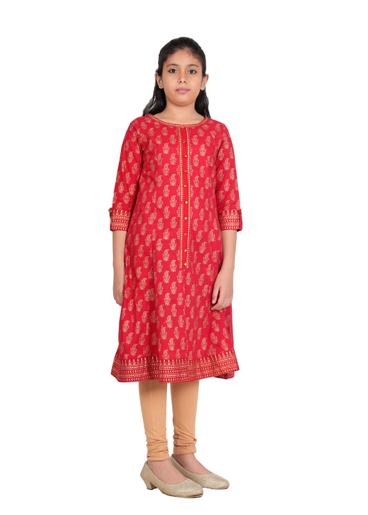 Yash Gallery Kids Cotton Gold Print Anarkali Dress (RED)