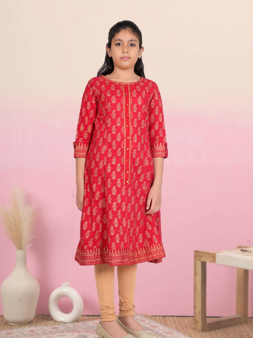 yash gallery kids cotton gold print anarkali dress red