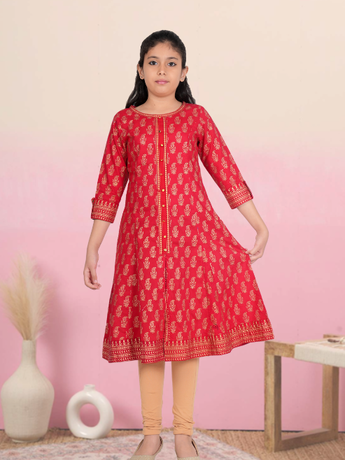 yash gallery kids cotton gold print anarkali dress red