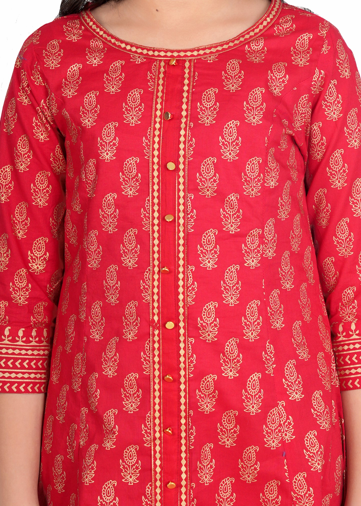 Yash Gallery Kids Cotton Gold Print Anarkali Dress (RED)